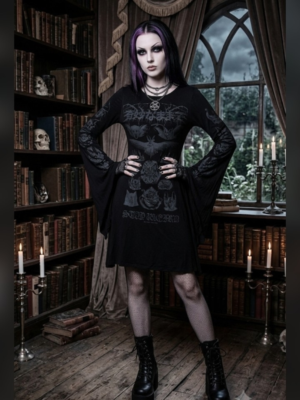 NWT Killstar Stay Weird Trapeze Dress Black Bell-Sleeve XS